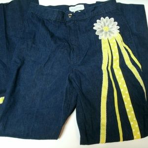 Vintage Jeans Embroidered High Rise 70s Boho Size 28 Ribbon Flowers Butterfly